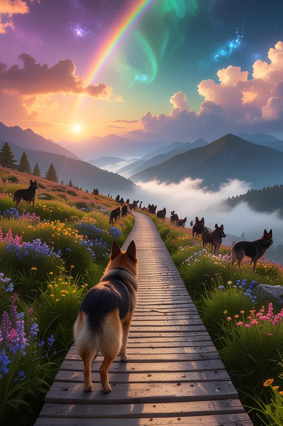 Rainbow Bridge image - beloved German shepherd passing over the bridge
