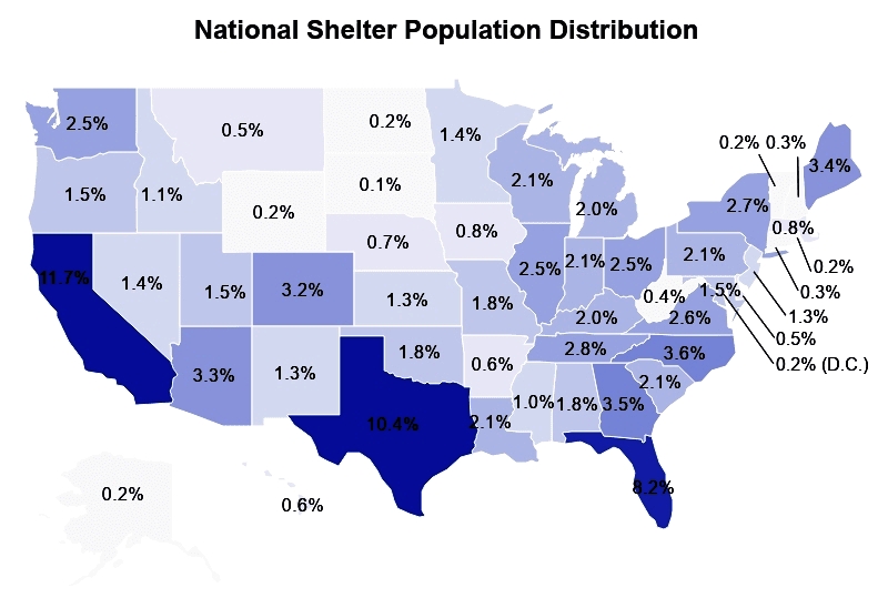 map of populations of dog shelters nationally